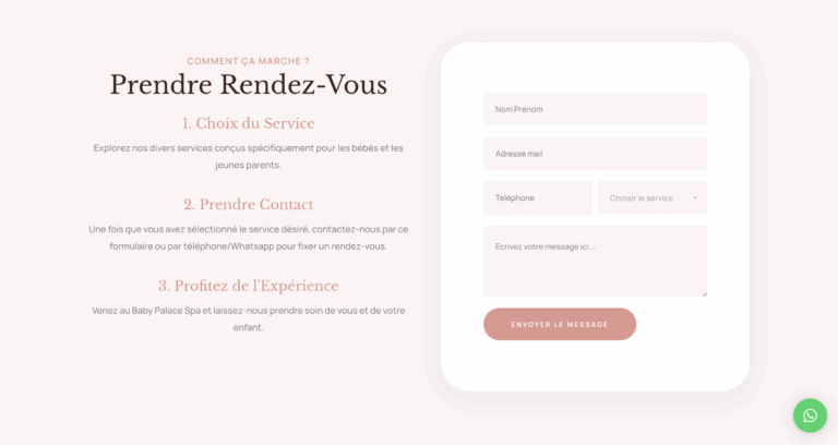 Section de prise de contact et formulaire pour le site babypalacespa.ch réalisé en 2025.