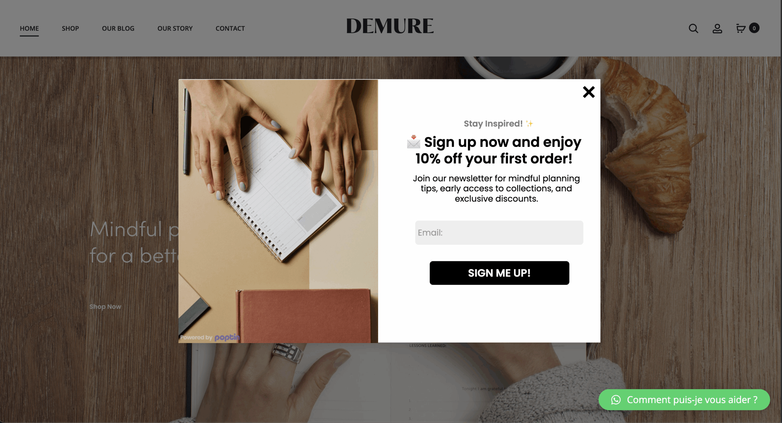 Pop up d'appel à l'action pour s'inscrire à la newsletter de demure.ch.