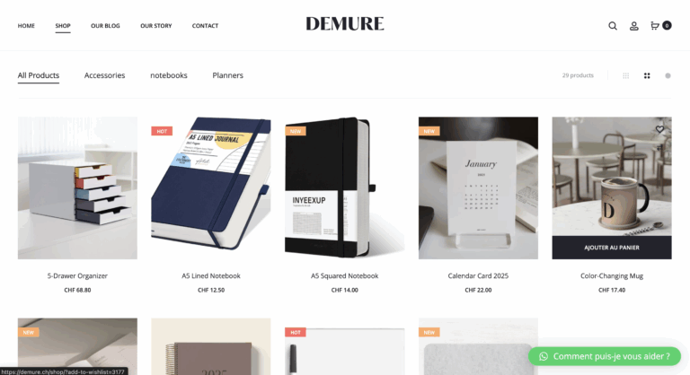 Intégration de WooCommerce, produits personnalisés et Amazon pour demure.ch.