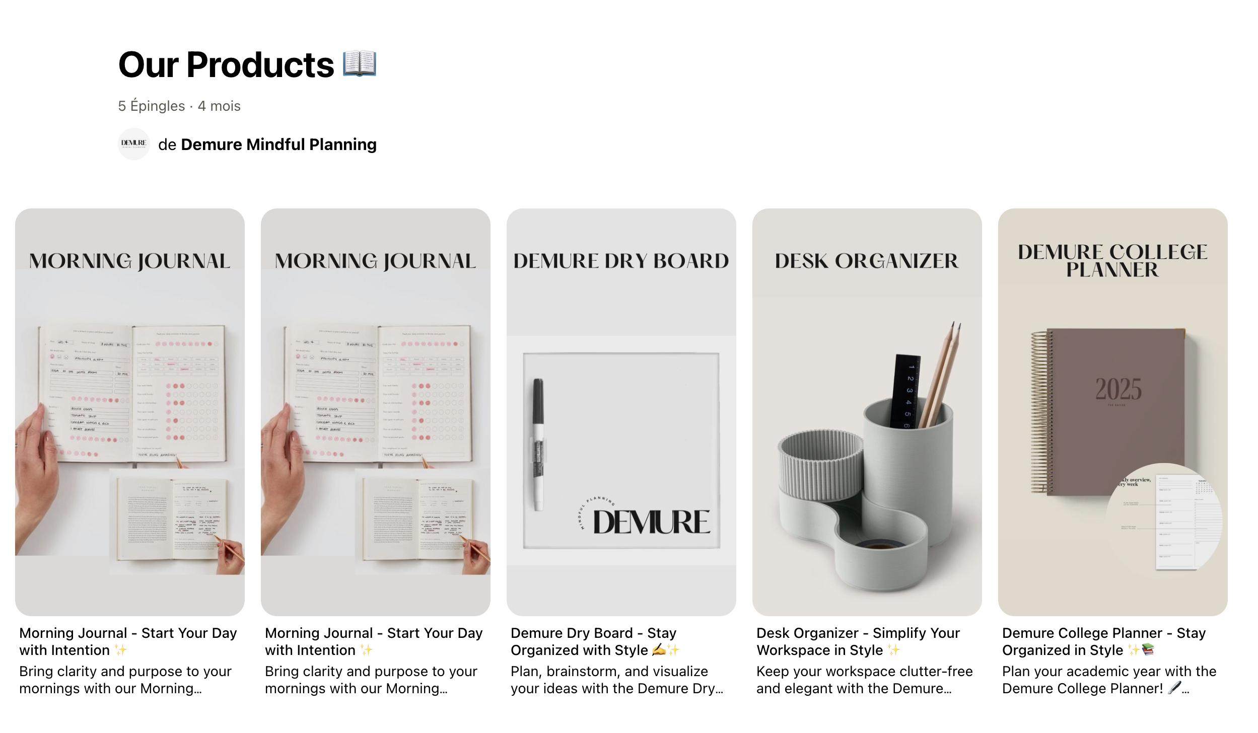 Publications Pinterest mettant en avant les produits de demeure.ch avec des liens produits intégrés.